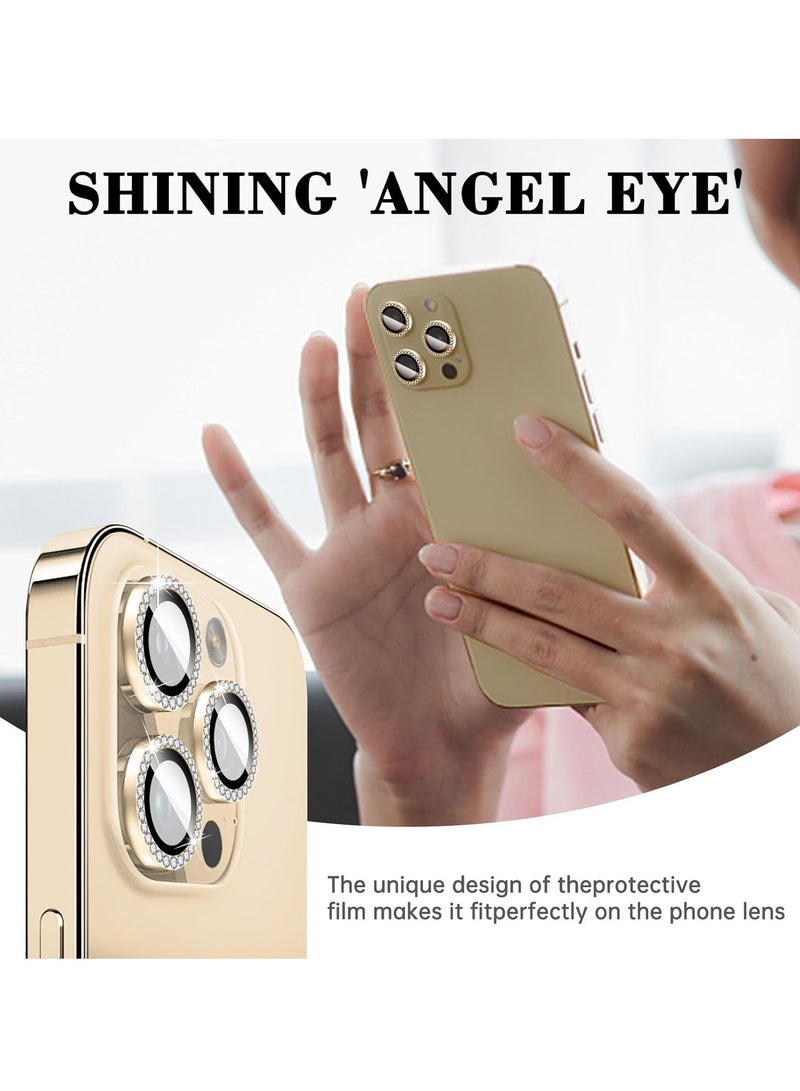 ELTRAZONE "Gold Diamond Camera Lens Protector for iPhone 16 Pro/16 Pro Max – Bling Tempered Glass Cover with Automatic Alignment Metal Rings and Glitter Film Stickers" - Image 3