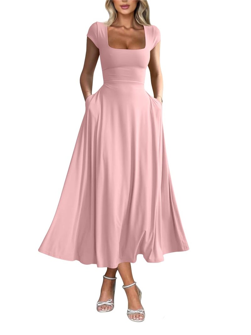 YMDUCH Women's Casual Short Sleeve Square Neck Solid Slim Flowy Maxi Dress with Pockets Pink - Image 1