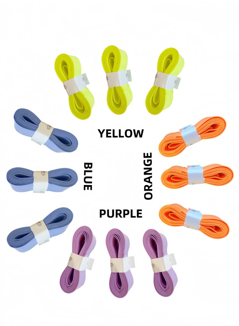 Generic 12-Pack Racket Handle Grip Tape for Tennis, Badminton, & Pickleball 4 Colors, 3 for Each, Overgrip, Tacky Grip Wrap For Bat, Bicycle Handle Strap, Blue, Orange, Yellow, Purple  - Image 1
