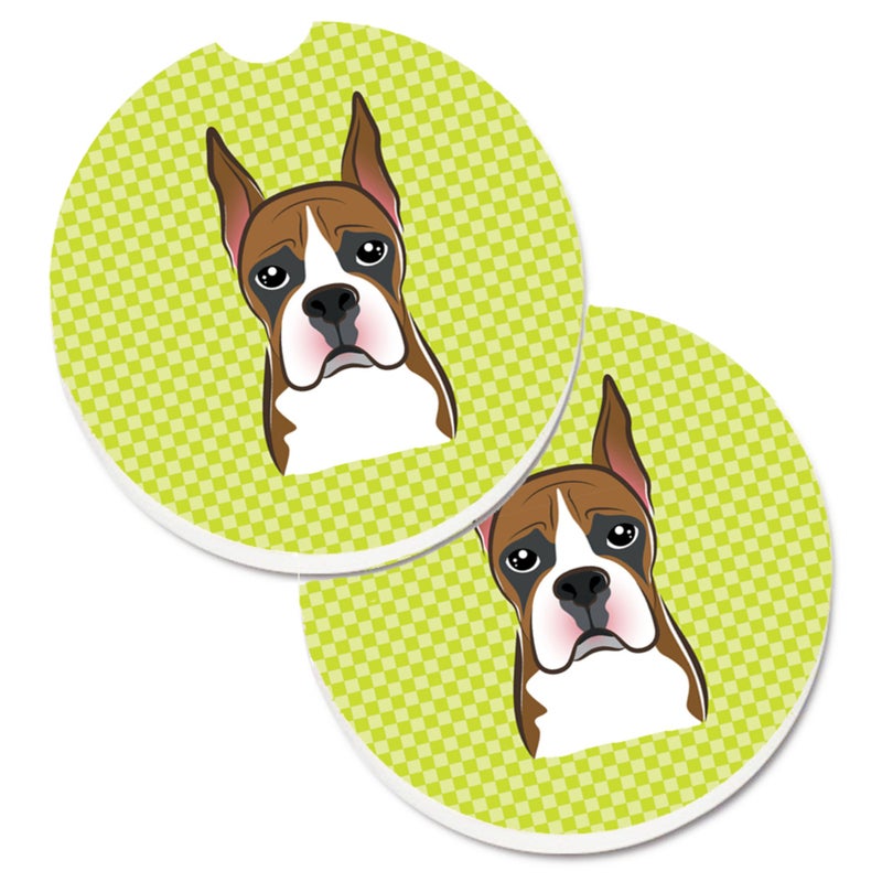 Caroline's Treasures ""Caroline's Treasures Checkerboard Lime green Boxer Set of 2 Cup Holder Car Coasters BB1285CARC  2.56  Multicolor""