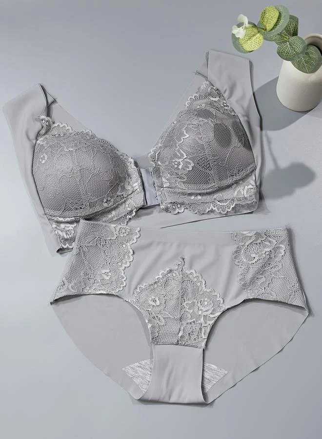Take Two Grey Lace Insert Padded Non Wired Bra and Midi Brief Set