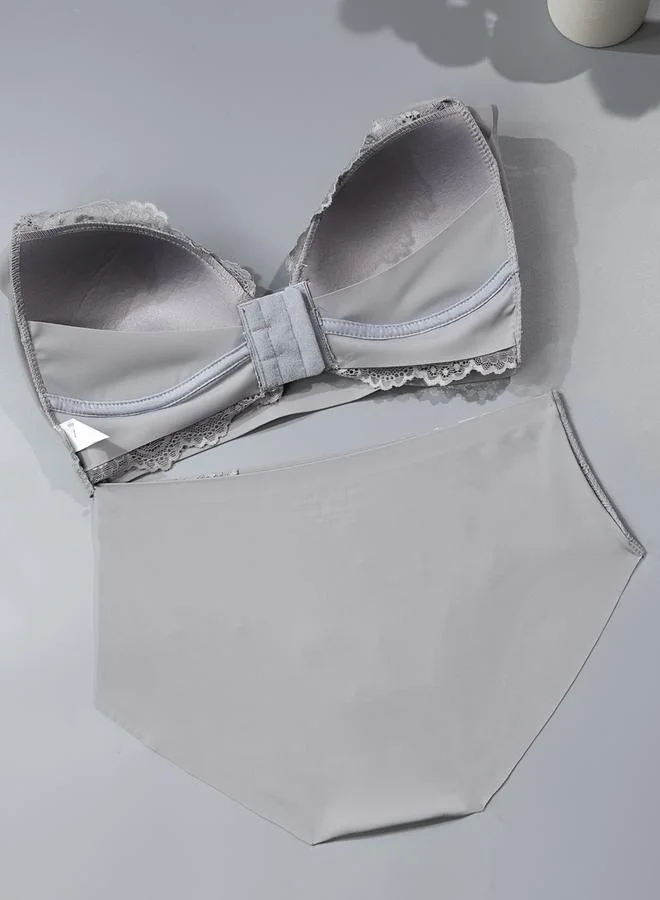 Take Two Grey Lace Insert Padded Non Wired Bra and Midi Brief Set