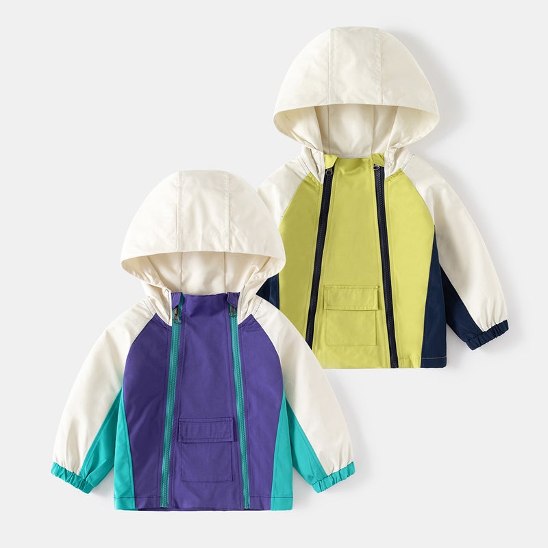 Kids Hooded Jacket Colorblock Zipper Spring 2024 Purple  - Image 2