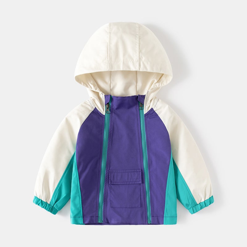 Kids Hooded Jacket Colorblock Zipper Spring 2024 Purple  - Image 1