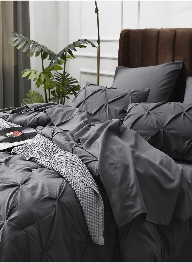 Bedsure Bedsure King Size Comforter Set - Bedding Set King 7 Pieces, Pintuck Bed in a Bag Dark Grey Bed Set with Comforter, Sheets, Pillowcases & Shams  - Image 3