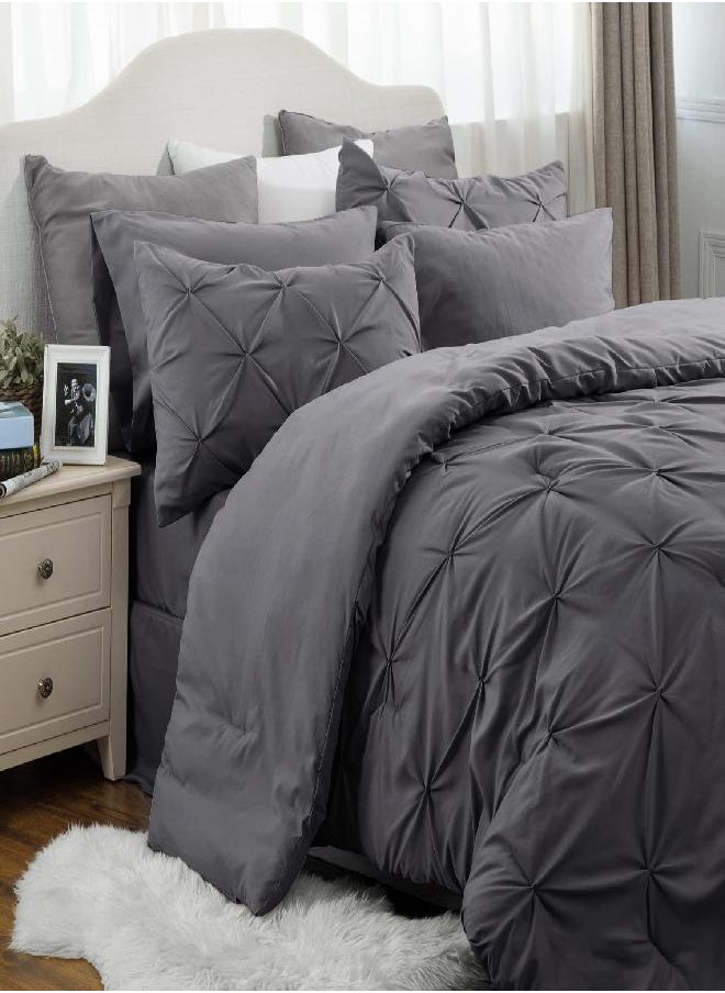 Bedsure Bedsure King Size Comforter Set - Bedding Set King 7 Pieces, Pintuck Bed in a Bag Dark Grey Bed Set with Comforter, Sheets, Pillowcases & Shams  - Image 1