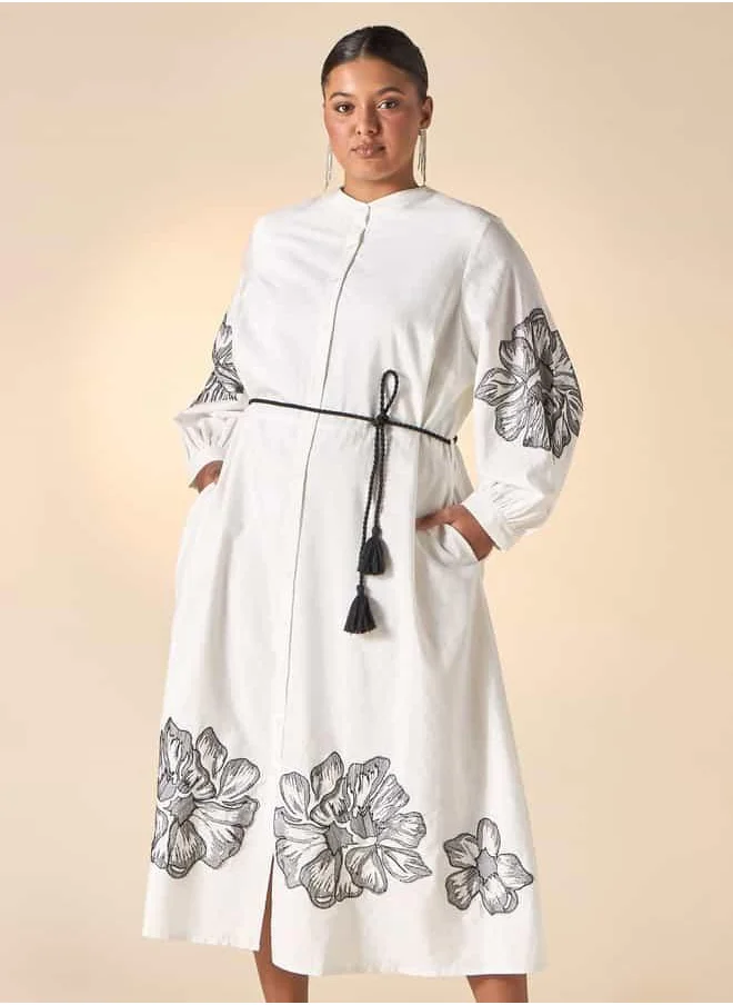  أولا بوبكن Plus Size Ulla Popken Floral Embroidered Shirt Dress with Pockets