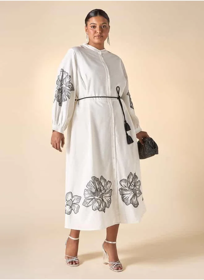  أولا بوبكن Plus Size Ulla Popken Floral Embroidered Shirt Dress with Pockets