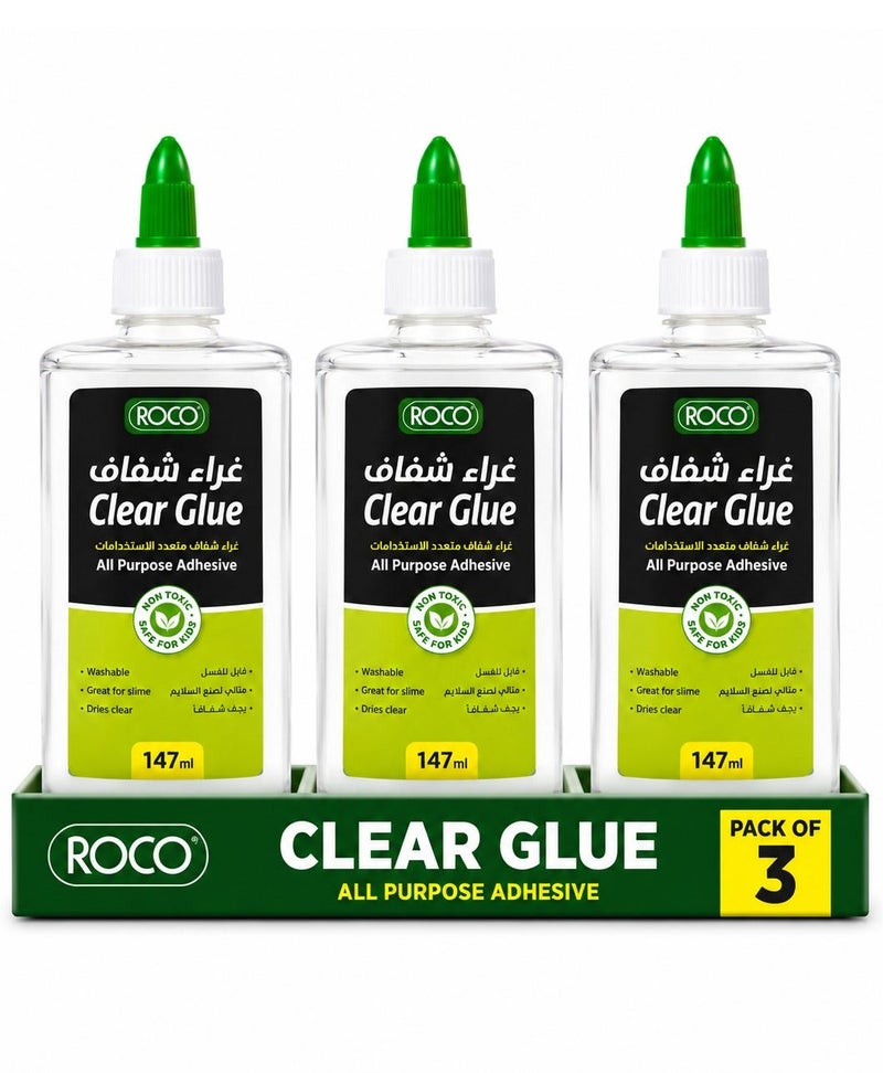ROCO Clear Liquid Glue 147ml Pack of 3 Strong Adhesive Transparent Drying Non-Toxic All Purpose Glue for School Office & Crafts - Image 1