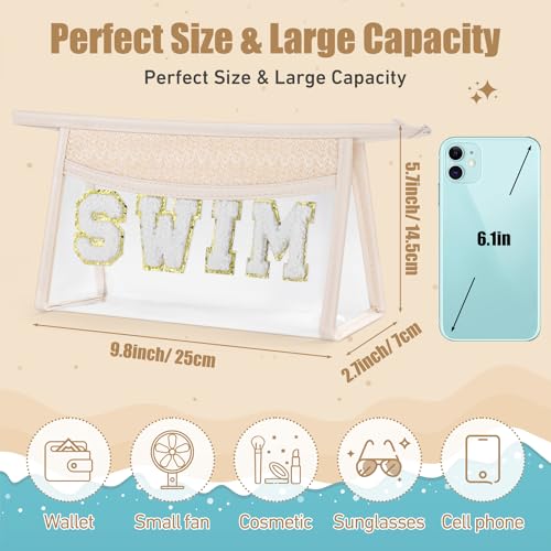 Etercycle Clear Makeup Bag SWIM Pouch, Small Boho Straw Travel Beach Bag with Zipper, Waterproof Chenille Letter Cosmetic Bag Trendy Organizer Storage Bag for Beach Travel Essentials - Image 2