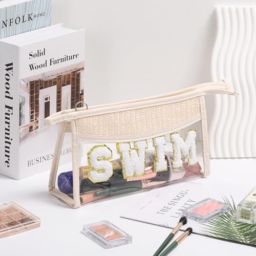 Etercycle Clear Makeup Bag SWIM Pouch, Small Boho Straw Travel Beach Bag with Zipper, Waterproof Chenille Letter Cosmetic Bag Trendy Organizer Storage Bag for Beach Travel Essentials - Image 5