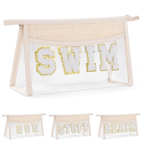 Etercycle Clear Makeup Bag SWIM Pouch, Small Boho Straw Travel Beach Bag with Zipper, Waterproof Chenille Letter Cosmetic Bag Trendy Organizer Storage Bag for Beach Travel Essentials - Image 1