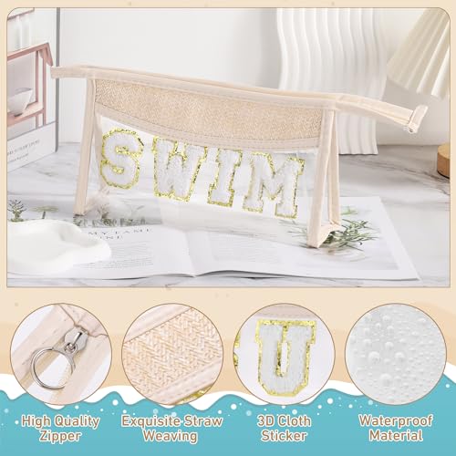 Etercycle Clear Makeup Bag SWIM Pouch, Small Boho Straw Travel Beach Bag with Zipper, Waterproof Chenille Letter Cosmetic Bag Trendy Organizer Storage Bag for Beach Travel Essentials - Image 3