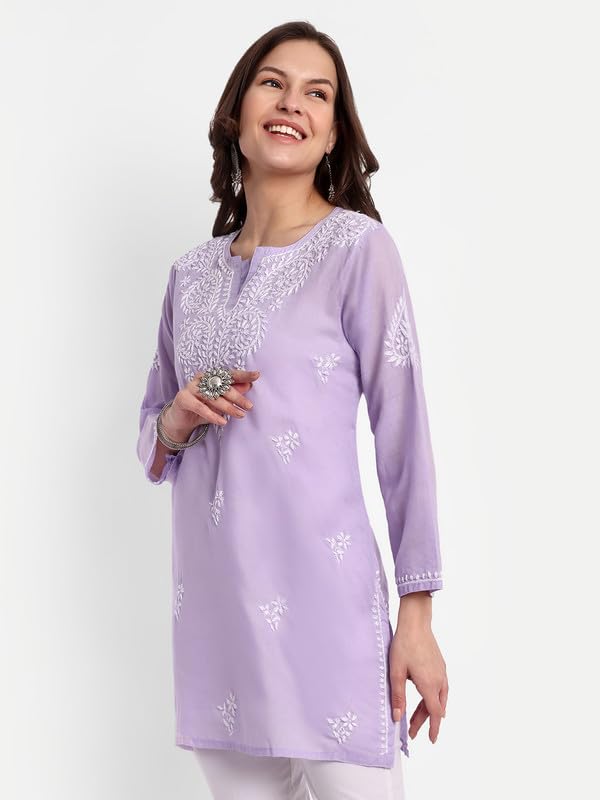 Ada Hand Embroidered Lucknowi Chikankari Cotton Straight Short Top Kurti for Women A911350 Mauve (L) - Image 4