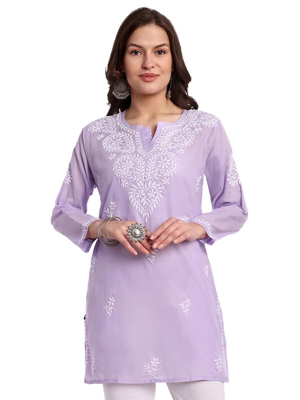 Ada Hand Embroidered Lucknowi Chikankari Cotton Straight Short Top Kurti for Women A911350 Mauve (L) - Image 1