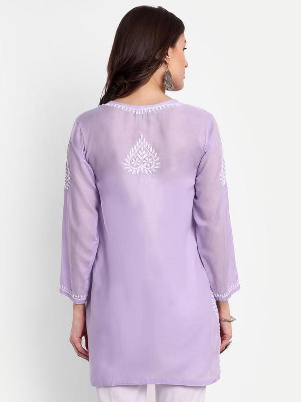 Ada Hand Embroidered Lucknowi Chikankari Cotton Straight Short Top Kurti for Women A911350 Mauve (L) - Image 2