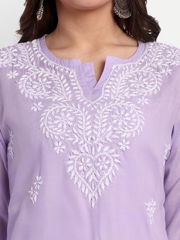 Ada Hand Embroidered Lucknowi Chikankari Cotton Straight Short Top Kurti for Women A911350 Mauve (L) - Image 5
