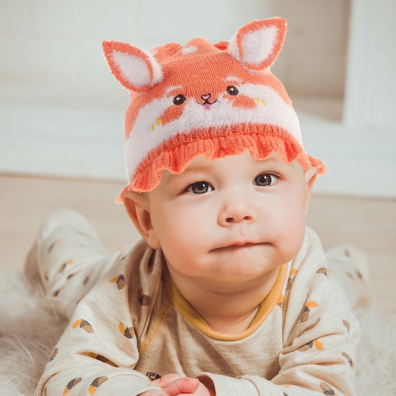 Baby Rabbit Earflaps Warm Knit Beanie Hat Thick Cotton Winter Cap Orange - Image 4