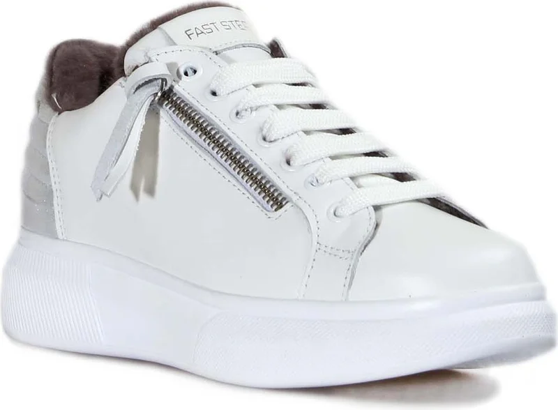 فاست ستيب Women's Genuine Leather Fur Inside Casual Sneaker Comfortable Sports Lightweight Lace-Up Zippered Shoes 846kza03