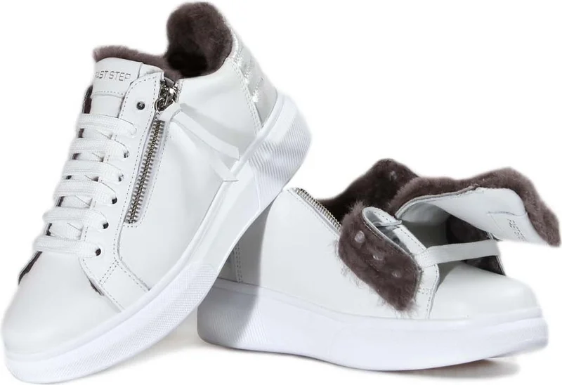 فاست ستيب Women's Genuine Leather Fur Inside Casual Sneaker Comfortable Sports Lightweight Lace-Up Zippered Shoes 846kza03