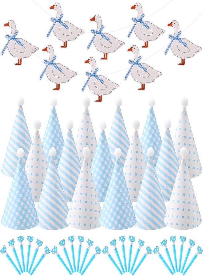 Vinsot 49 Pcs Silly Goose Party Set Baby Shower Birthday Decorations with Cone Hats Goose Banner Garland and Party Blowers(Blue,Classic Style) - Image 1