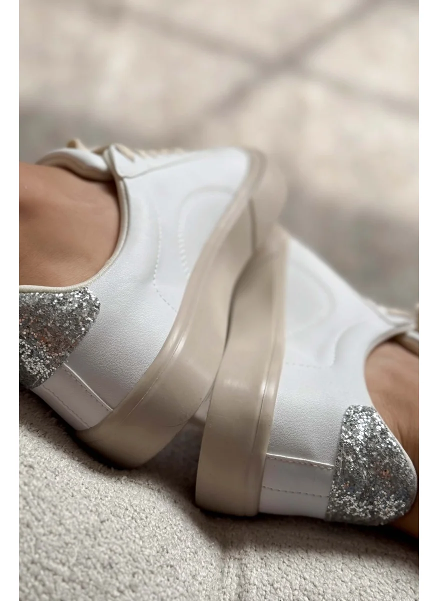 Nişantaşı Shoes Charlie White Matte Back Silver Patterned Flat Sole Women's Lace-Up Sports Shoes