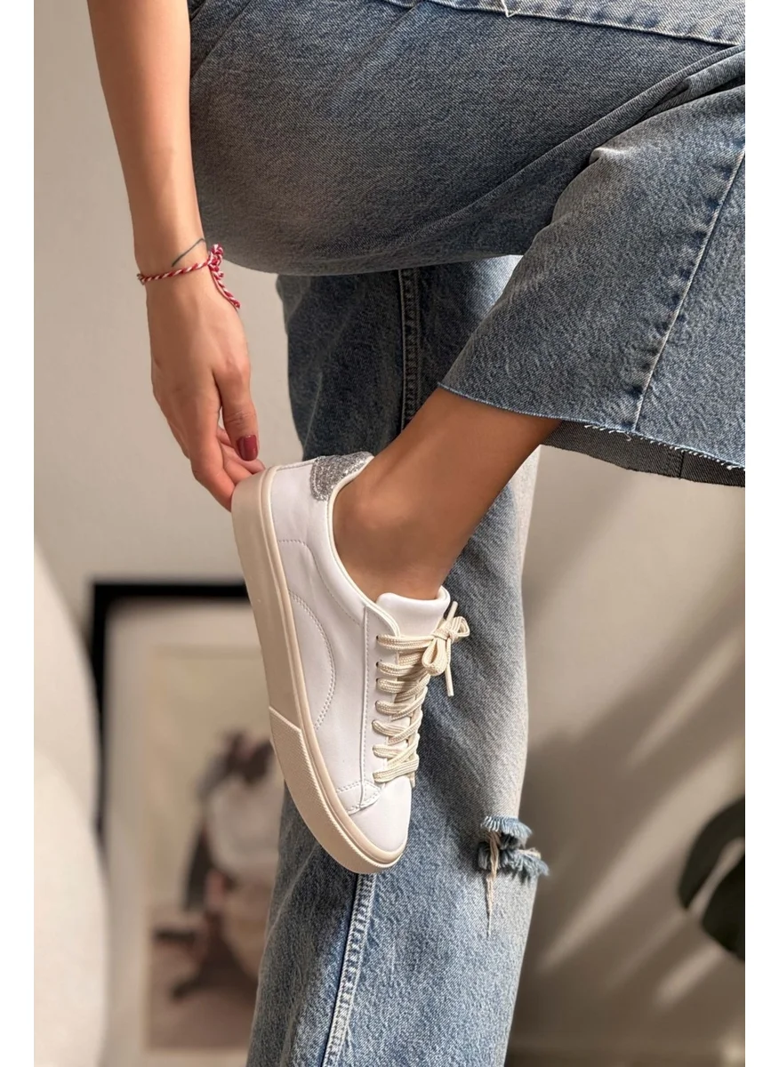 Nişantaşı Shoes Charlie White Matte Back Silver Patterned Flat Sole Women's Lace-Up Sports Shoes