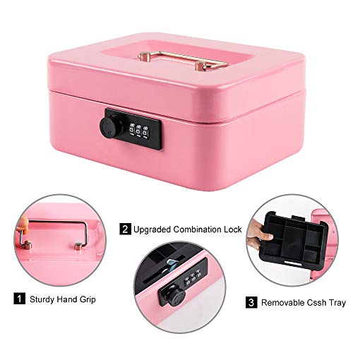 KYODOLED Medium Cash Box with Combination Lock Safe Metal Money Box with Money Tray for Security Lock Box 7.87x 6.30x 3.54Inch Pink Medium - Image 3