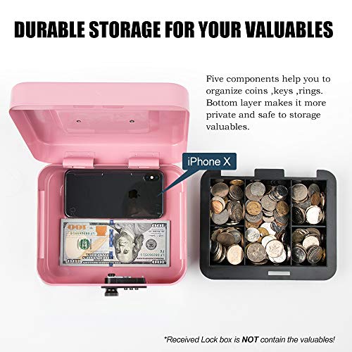 KYODOLED Medium Cash Box with Combination Lock Safe Metal Money Box with Money Tray for Security Lock Box 7.87x 6.30x 3.54Inch Pink Medium - Image 2