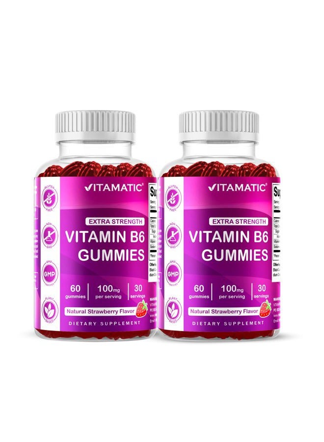 Vitamatic 2 Packs Vitamin B6 100mg - Strawberry Flavor - 60 Pectin Based Gummies - Supports Nervous System - Image 1