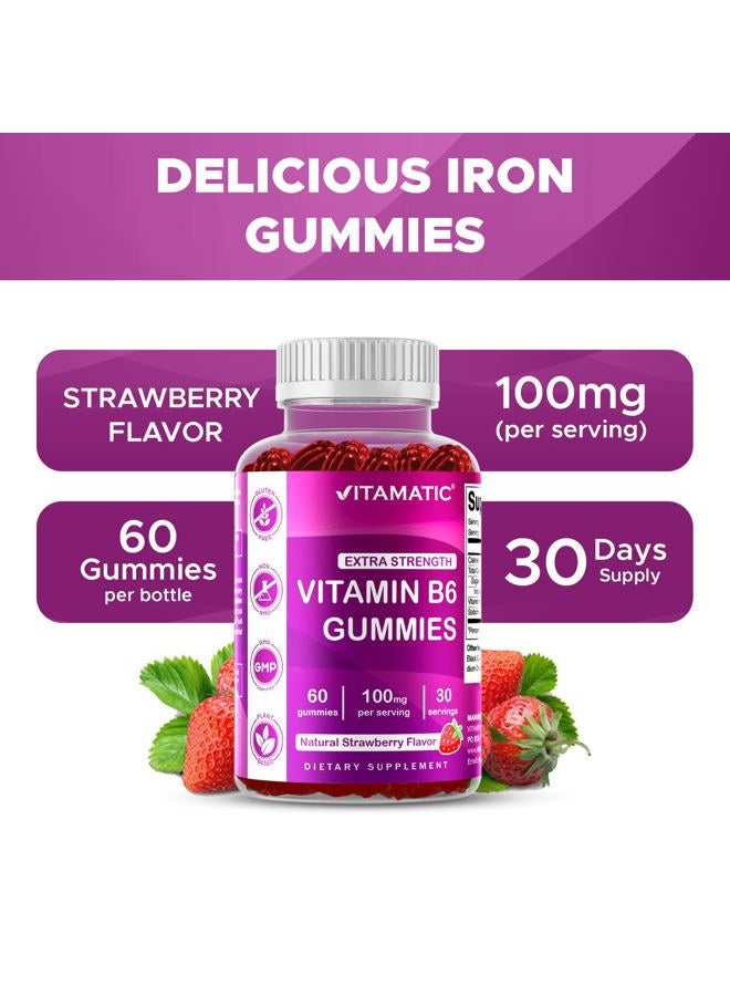 Vitamatic 2 Packs Vitamin B6 100mg - Strawberry Flavor - 60 Pectin Based Gummies - Supports Nervous System - Image 4