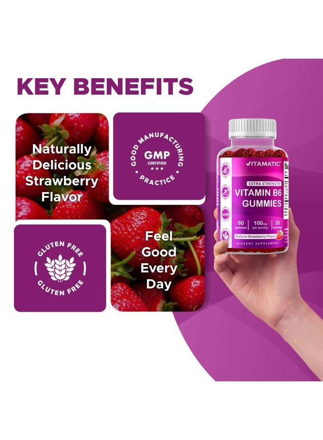Vitamatic 2 Packs Vitamin B6 100mg - Strawberry Flavor - 60 Pectin Based Gummies - Supports Nervous System - Image 5
