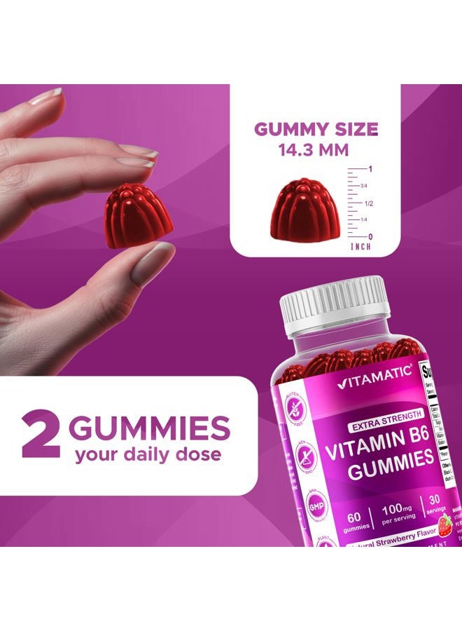 Vitamatic 2 Packs Vitamin B6 100mg - Strawberry Flavor - 60 Pectin Based Gummies - Supports Nervous System - Image 3