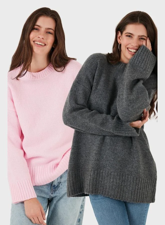 Lela Lela Regular Fit Crew Neck Basic 2-Pack Knitwear Sweater Women's SWEATER 4616213S2