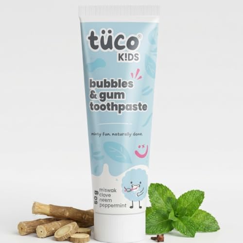 Tuco® Kids Bubbles & Gum Anticavity Toothpaste | Peppermint Flavour | Fluoride for Cavity & Enamel Protection | No added Color | SLS Free | Infused with Clove, Neem & Miswak | Ages 4+ Years | 50gm (pack of 1) - Image 1