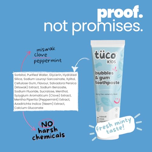 Tuco® Kids Bubbles & Gum Anticavity Toothpaste | Peppermint Flavour | Fluoride for Cavity & Enamel Protection | No added Color | SLS Free | Infused with Clove, Neem & Miswak | Ages 4+ Years | 50gm (pack of 1) - Image 5