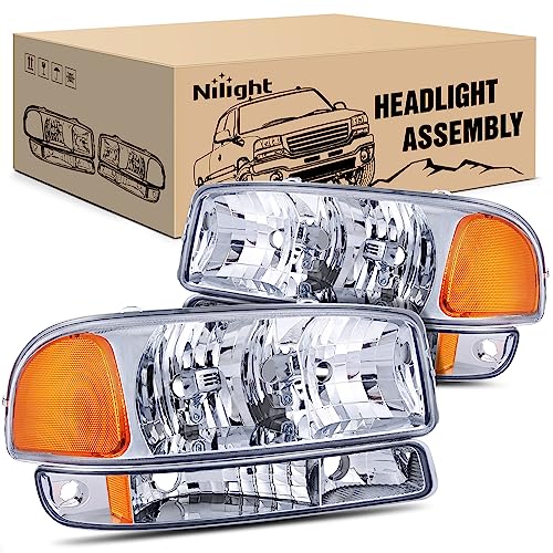 Nilight Headlight Assembly Compatible for 1999 2000 2001 2002 2003 2004 2005 2006 GMC Sierra Yukon, Chrome Housing Amber Corner Clear Lens, Headlights Assembly Replacement - Image 1