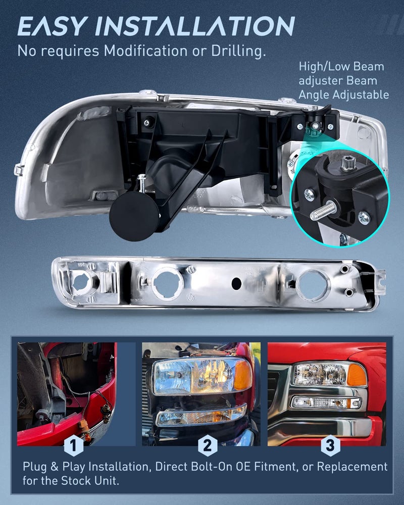 Nilight Headlight Assembly Compatible for 1999 2000 2001 2002 2003 2004 2005 2006 GMC Sierra Yukon, Chrome Housing Amber Corner Clear Lens, Headlights Assembly Replacement - Image 3