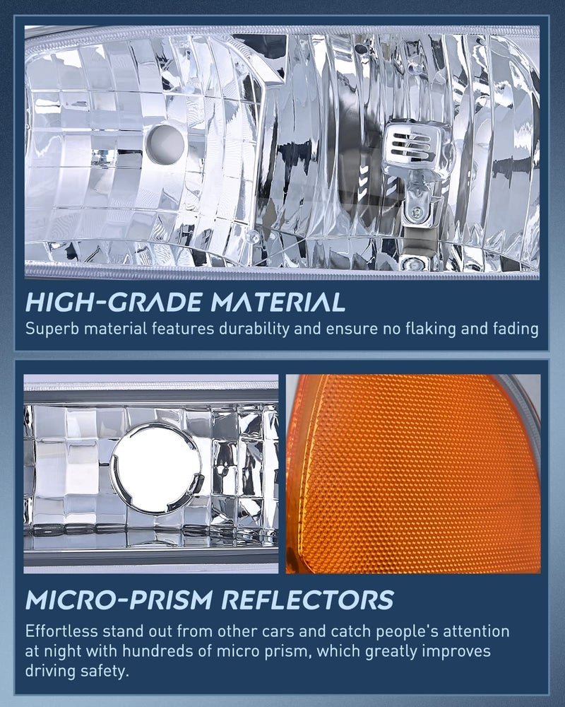 Nilight Headlight Assembly Compatible for 1999 2000 2001 2002 2003 2004 2005 2006 GMC Sierra Yukon, Chrome Housing Amber Corner Clear Lens, Headlights Assembly Replacement - Image 4