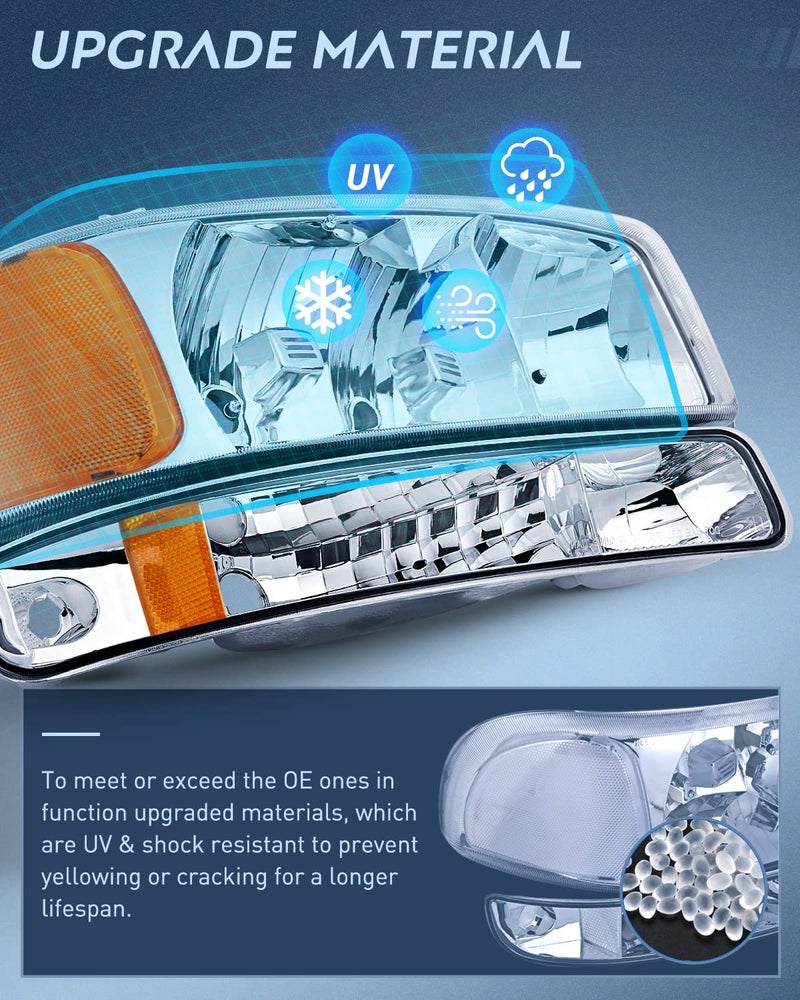 Nilight Headlight Assembly Compatible for 1999 2000 2001 2002 2003 2004 2005 2006 GMC Sierra Yukon, Chrome Housing Amber Corner Clear Lens, Headlights Assembly Replacement - Image 5