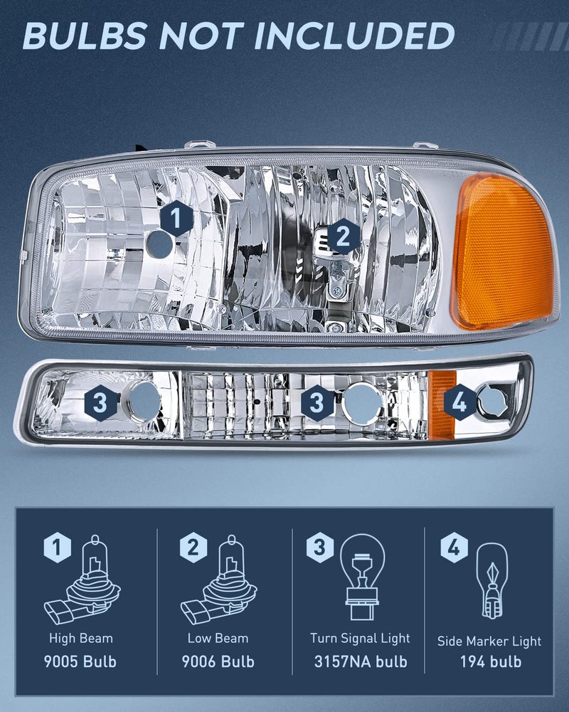 Nilight Headlight Assembly Compatible for 1999 2000 2001 2002 2003 2004 2005 2006 GMC Sierra Yukon, Chrome Housing Amber Corner Clear Lens, Headlights Assembly Replacement - Image 2