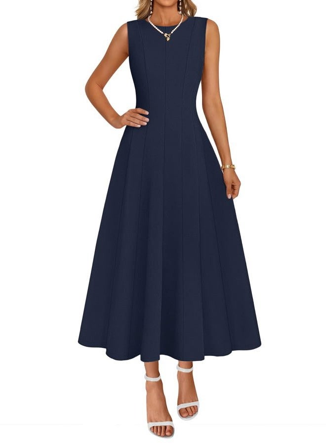 MEROKEETY Women's 2026 Spring Summer Sleeveless Midi Dress Elegant Classy Flowy A Line Work Cocktail Dresses, Navy, M - Image 1
