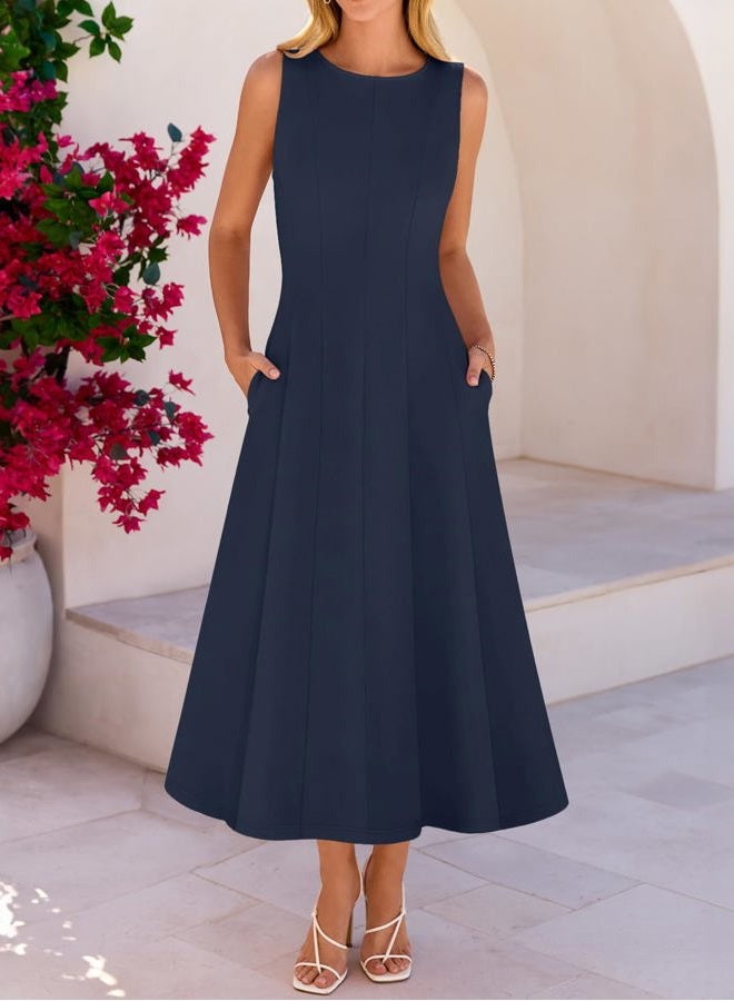 MEROKEETY Women's 2026 Spring Summer Sleeveless Midi Dress Elegant Classy Flowy A Line Work Cocktail Dresses, Navy, M - Image 3