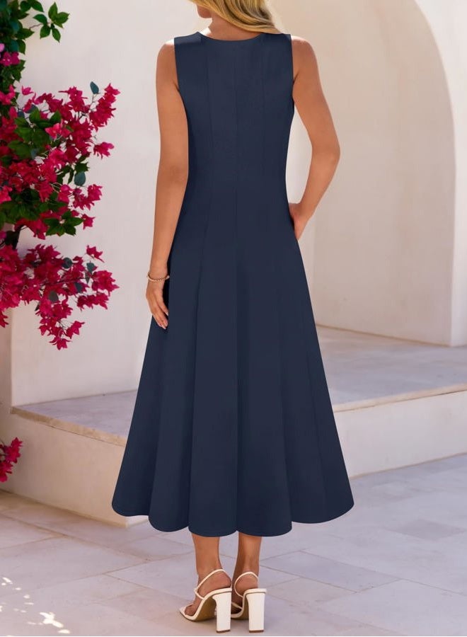 MEROKEETY Women's 2026 Spring Summer Sleeveless Midi Dress Elegant Classy Flowy A Line Work Cocktail Dresses, Navy, M - Image 5