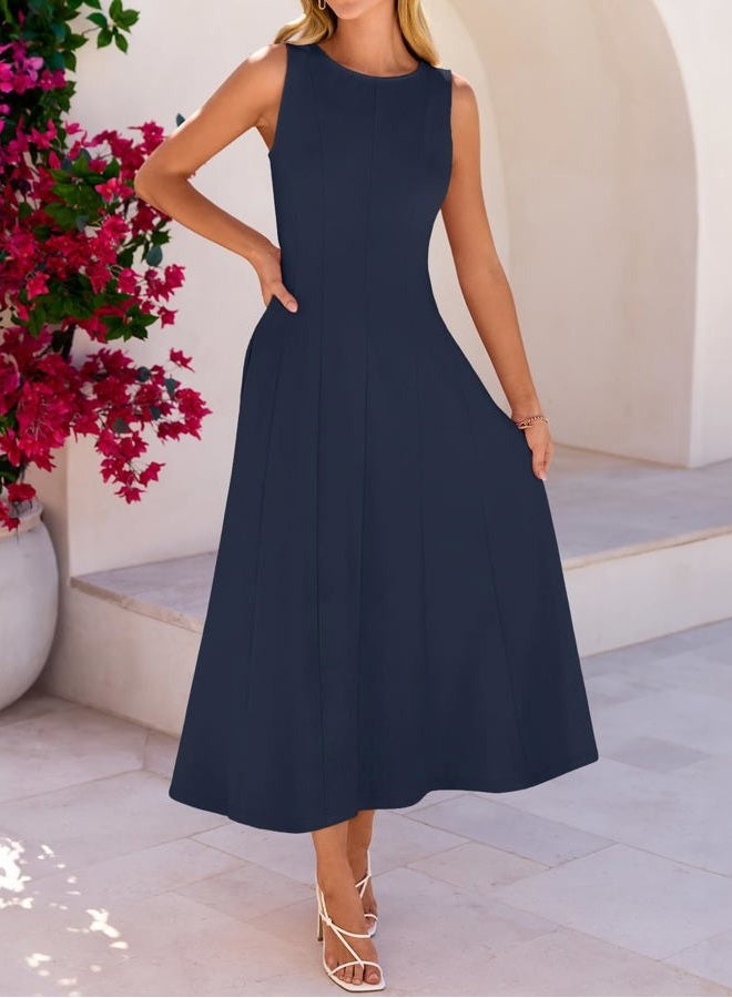 MEROKEETY Women's 2026 Spring Summer Sleeveless Midi Dress Elegant Classy Flowy A Line Work Cocktail Dresses, Navy, M - Image 4