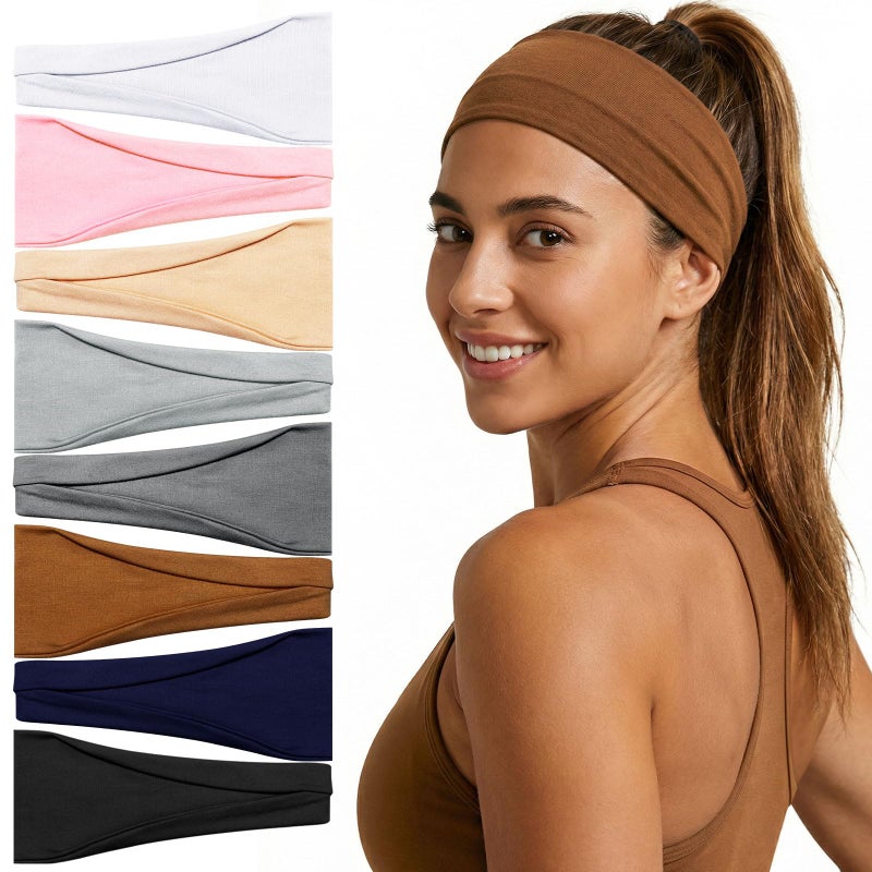 obeoby Wide Sport Headbands, 8 Pack Stretchy Headbands for Yoga Running Simple Solid Color Head Bands for Fitness Enthusiasts - Image 1