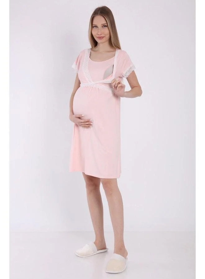 LuvmaBelly Myra9680 Front Split Lace Maternity Nightgown - Pink.