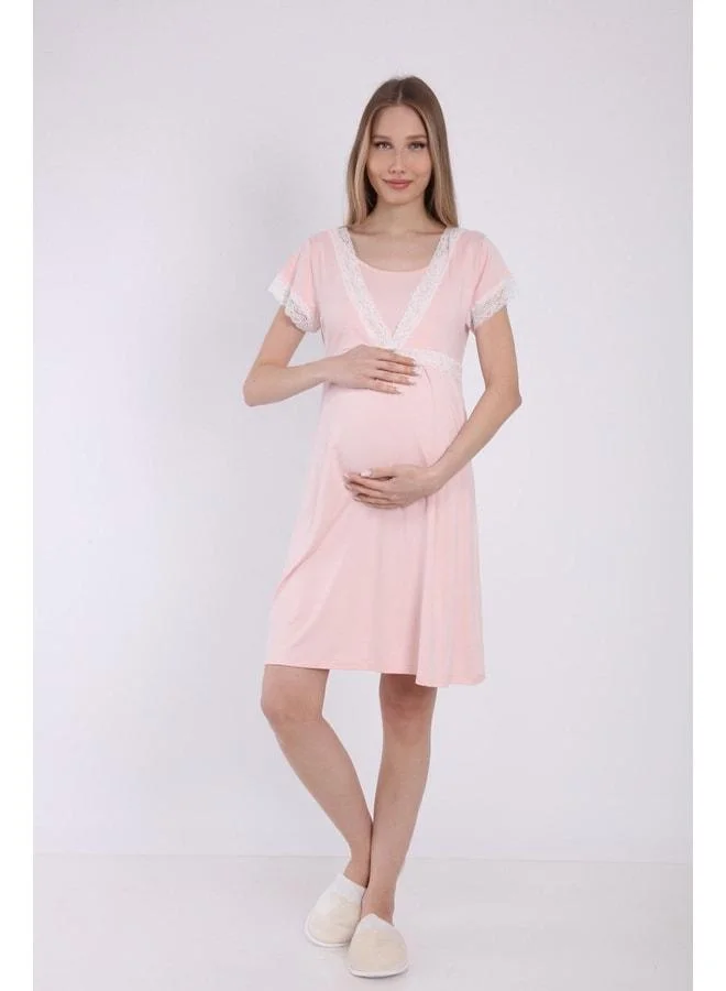 LuvmaBelly Myra9680 Front Split Lace Maternity Nightgown - Pink.
