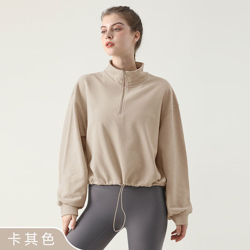 Fleece Half-Zip Collar Sport Sweatshirt Yoga Top Black  - Image 3