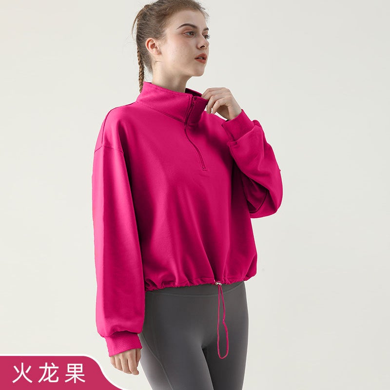 Fleece Half-Zip Collar Sport Sweatshirt Yoga Top Black  - Image 2